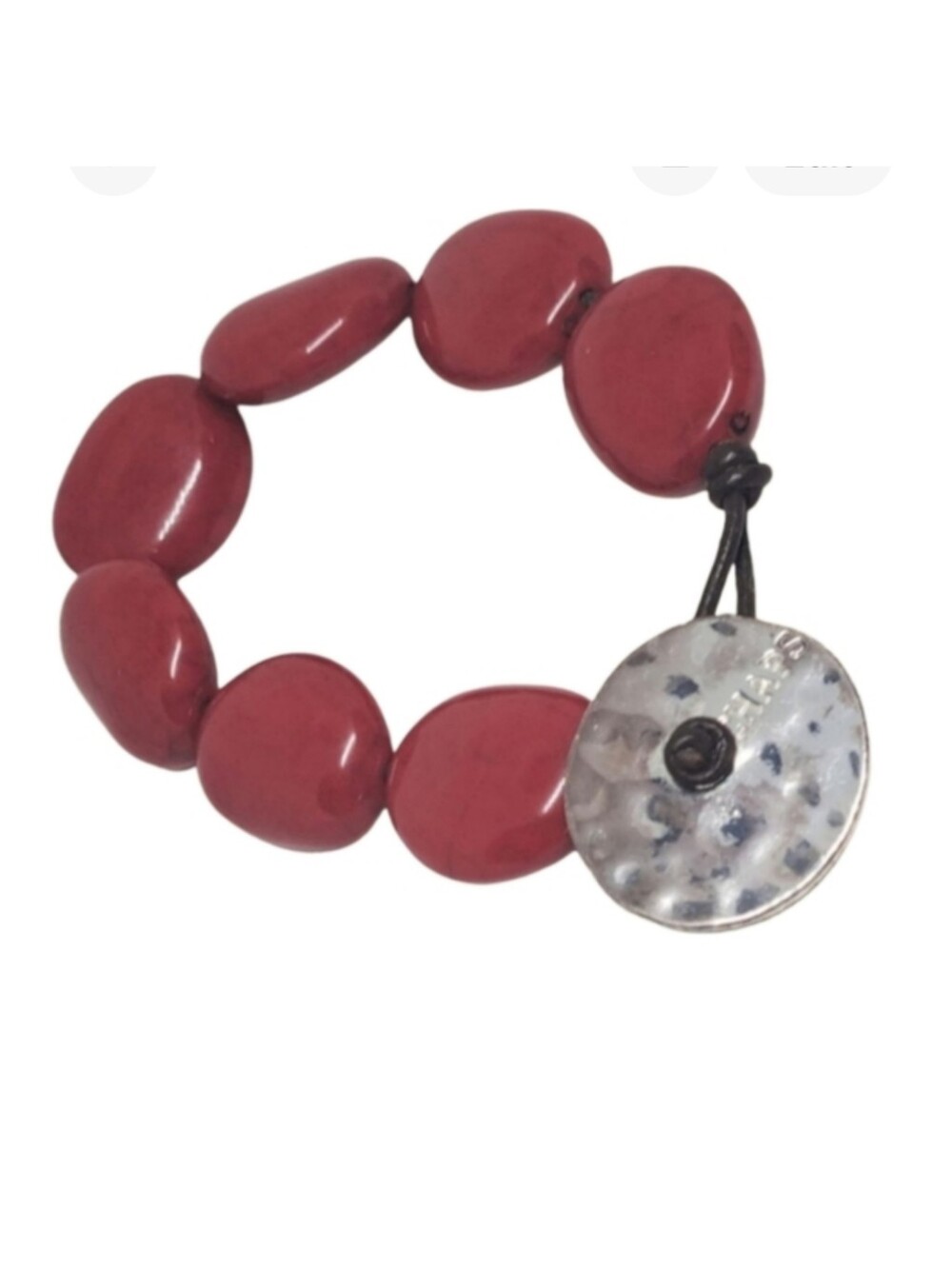 Chaps Red Beaded Bracelet w/ Silver Logo Button Closure. NWOT